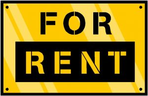 A sign that reads "For Rent" in bolded construction style text