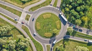 A birds eye view of a roundabout on the road